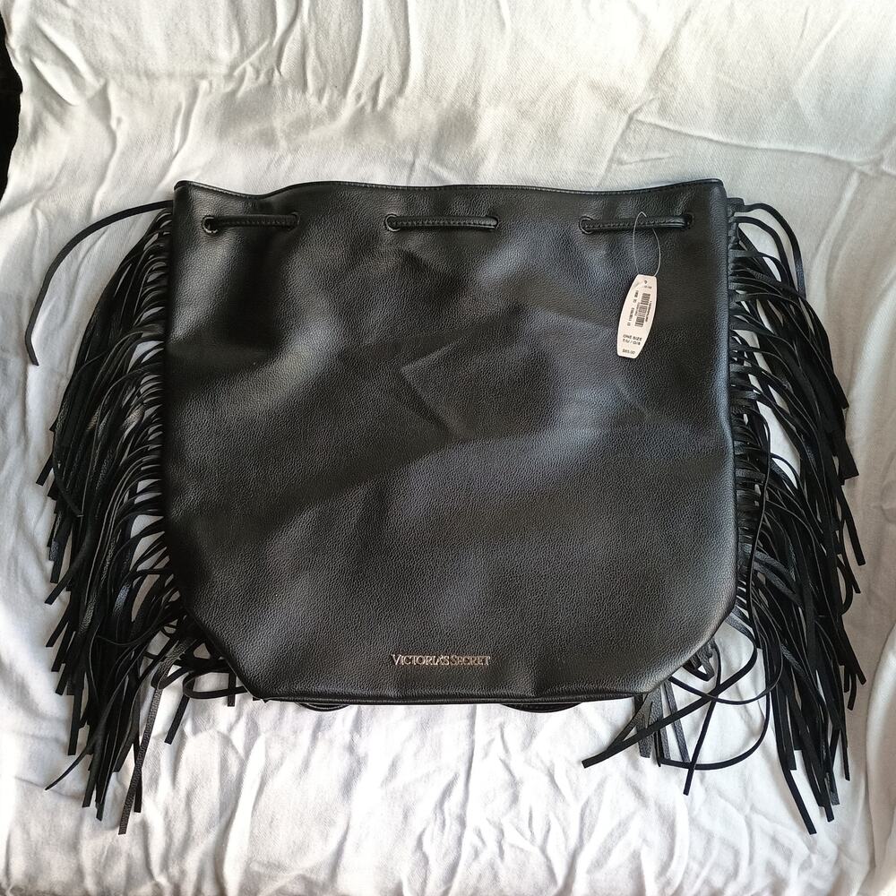 NWT Victoria's Secret Black Fringe Tote Backpack with Drawstring - Boho Western